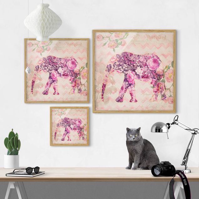 Bild mit Rahmen - Vintage Collage - Rosa Blüten Elefant - Quadrat 1:1