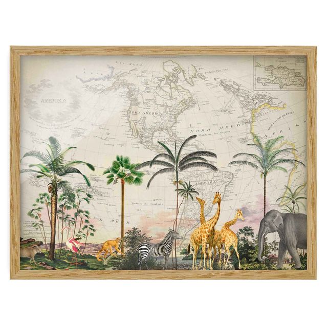 Bild mit Rahmen - Vintage Collage - Tierwelt auf Weltkarte - Querformat 4:3