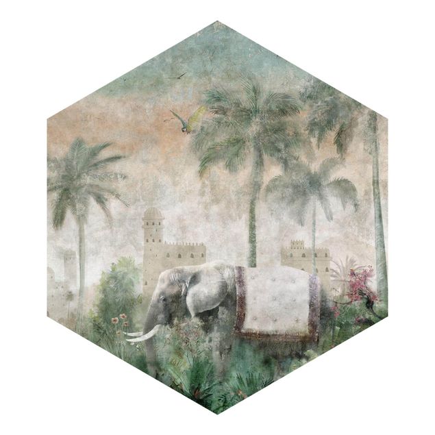 Hexagon Tapete selbstklebend - Vintage Dschungel Szene mit Elefant