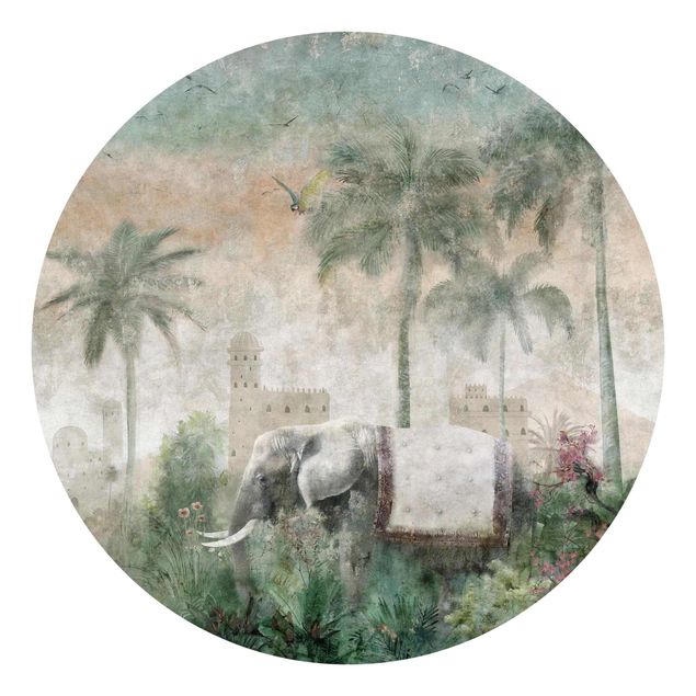 Runde Tapete selbstklebend - Vintage Dschungel Szene mit Elefant
