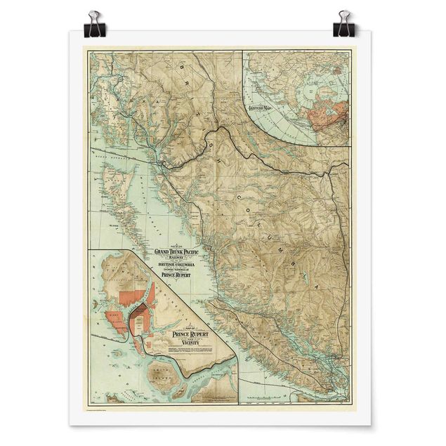 Poster - Vintage Karte British Columbia - Hochformat 3:4