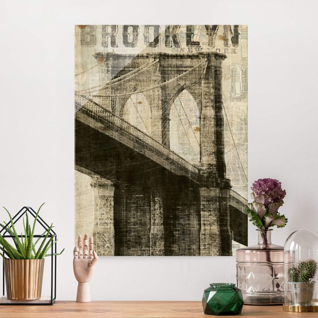 Glas Magnettafel Vintage NY Brooklyn Bridge