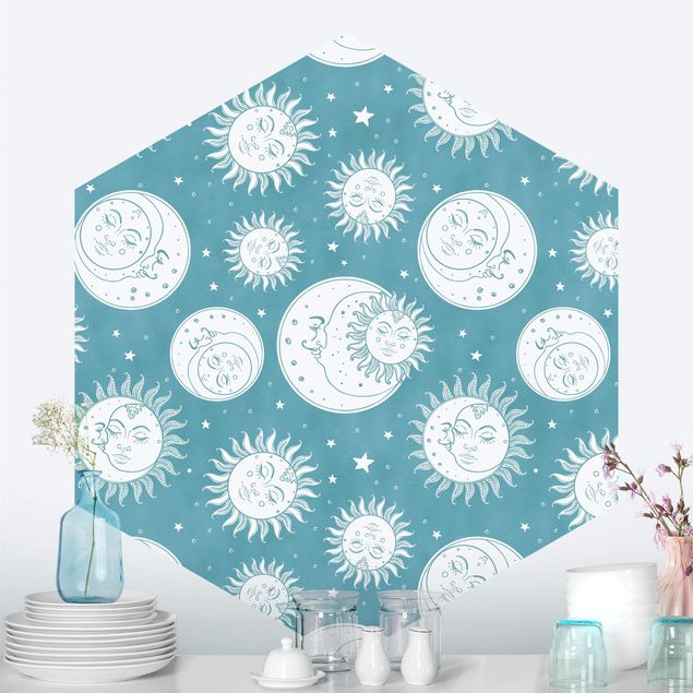 Hexagon Mustertapete selbstklebend - Vintage Sonne, Mond und Sterne