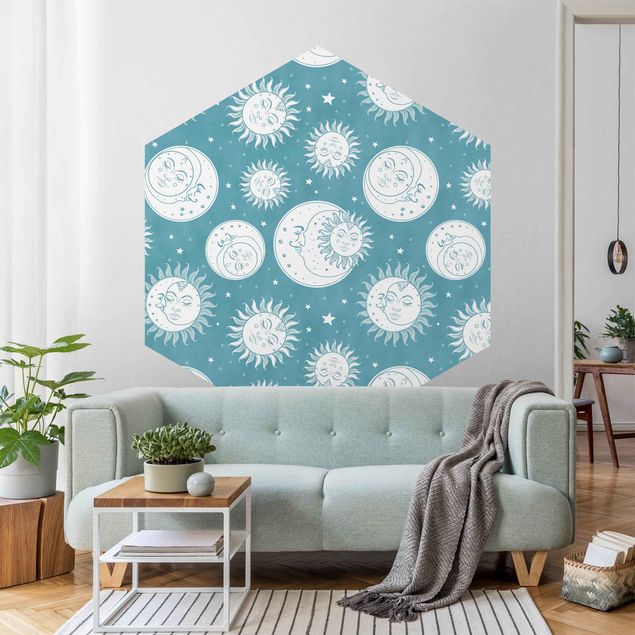 Hexagon Mustertapete selbstklebend - Vintage Sonne, Mond und Sterne