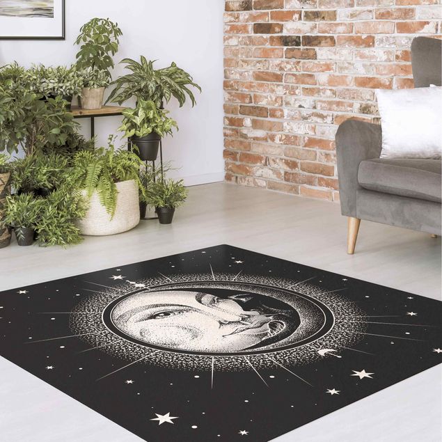 Teppich schwarz-weiß Vintage Sonne und Mond Illustration