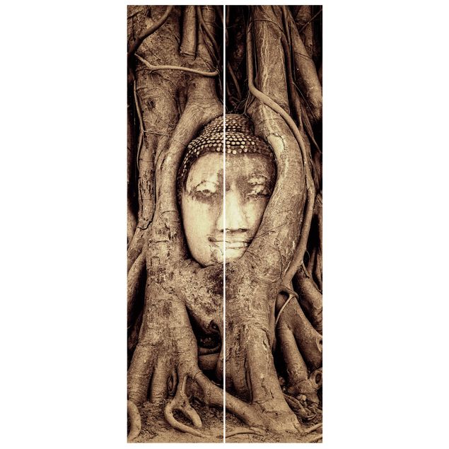 Türtapete - Buddha in Ayutthaya von Baumwurzeln gesäumt in Braun