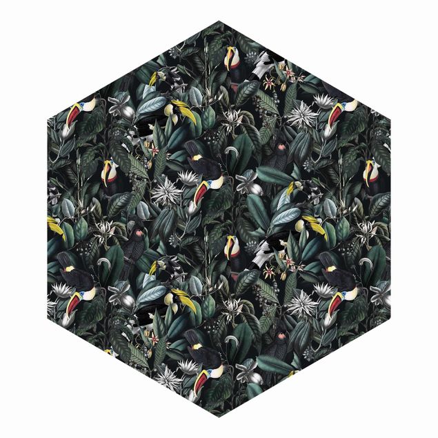 Hexagon Mustertapete selbstklebend - Vögel in dunkler Botanik