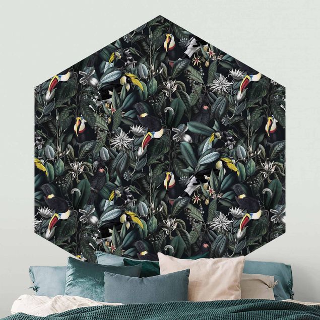 Hexagon Mustertapete selbstklebend - Vögel in dunkler Botanik