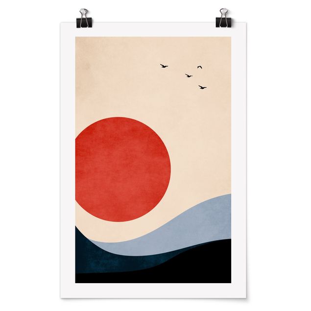 Poster - Vögel in rotem Sonnenuntergang - Hochformat 2:3