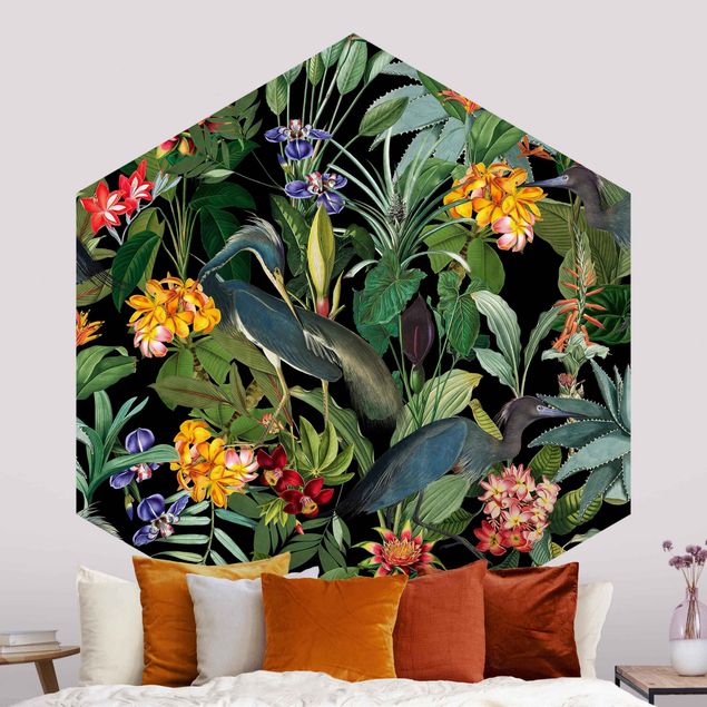 Hexagon Mustertapete selbstklebend - Vögel mit Tropischen Blumen