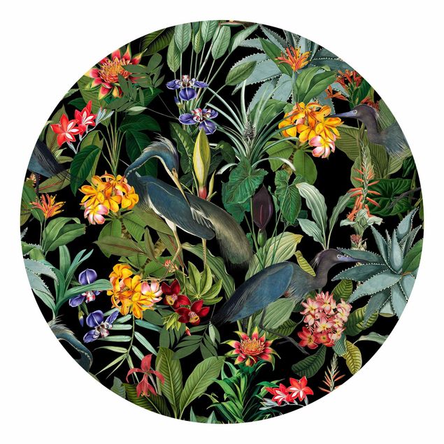 Runde Tapete selbstklebend - Vögel mit Tropischen Blumen