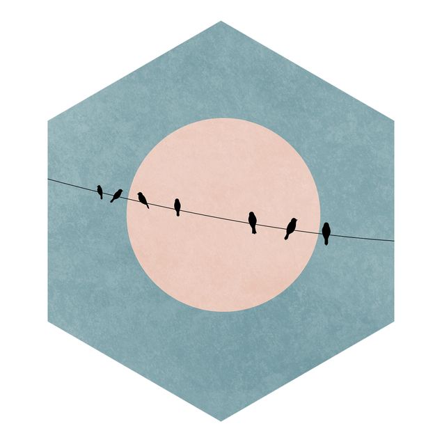 Hexagon Mustertapete selbstklebend - Vögel vor rosa Sonne I