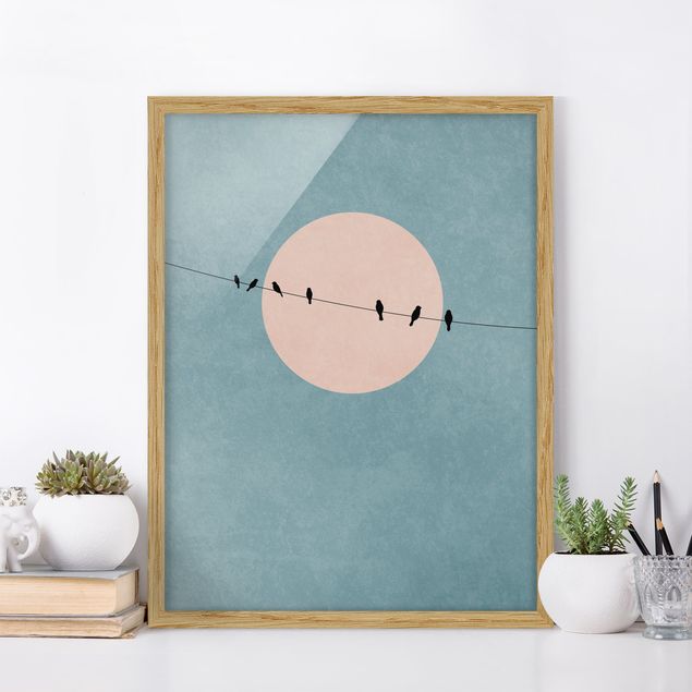 Bild mit Rahmen - Vögel vor rosa Sonne I - Hochformat