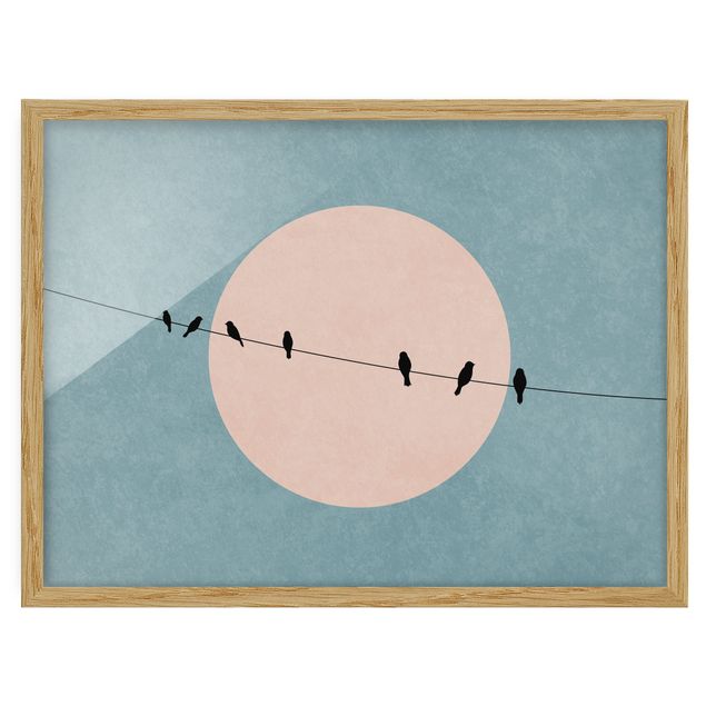 Bild mit Rahmen - Vögel vor rosa Sonne I - Querformat