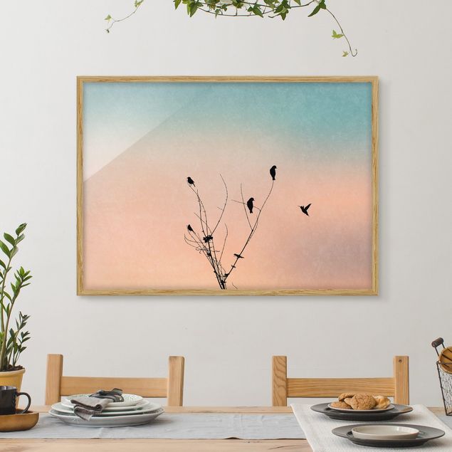 Bild mit Rahmen - Vögel vor rosa Sonne II - Querformat
