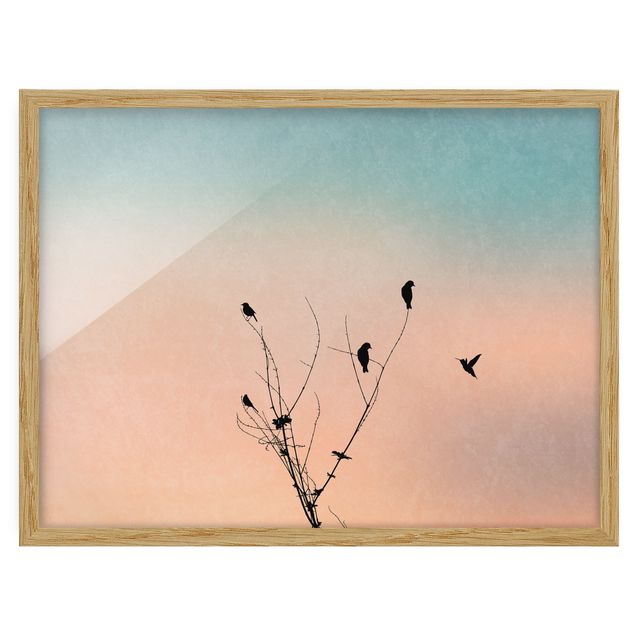 Bild mit Rahmen - Vögel vor rosa Sonne II - Querformat