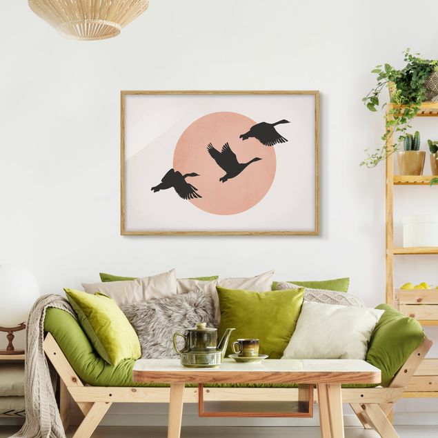 Bild mit Rahmen - Vögel vor rosa Sonne III - Querformat
