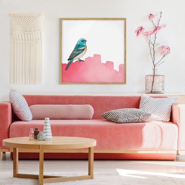 Bild mit Rahmen - Vogel auf Pink - Quadrat