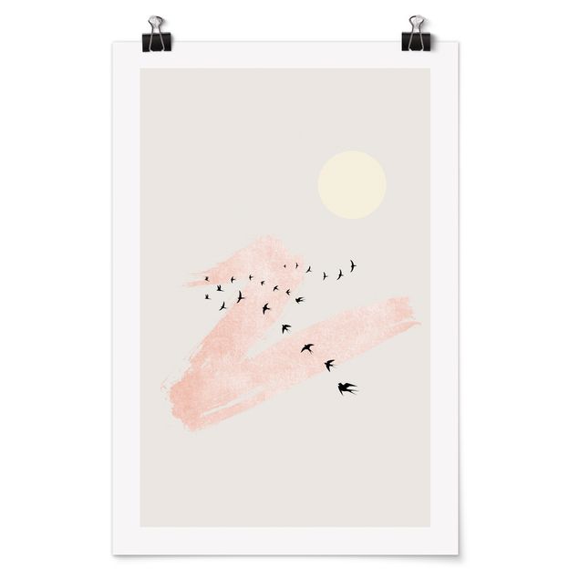 Poster - Vogelschwarm vor Rosa Himmel - Hochformat 2:3