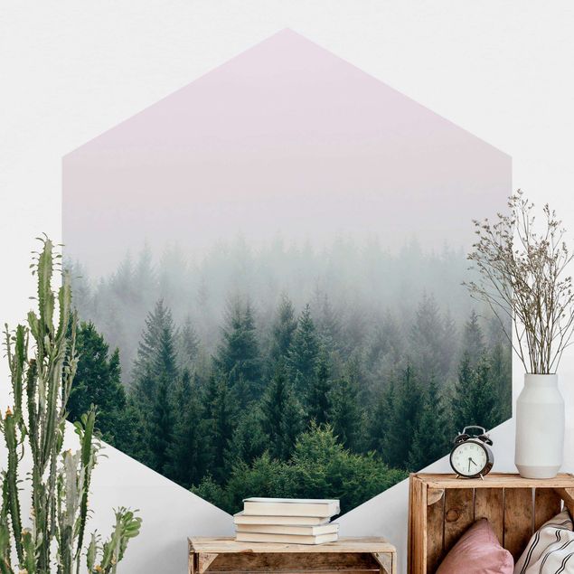 Hexagon Mustertapete selbstklebend - Wald im Nebel Dämmerung