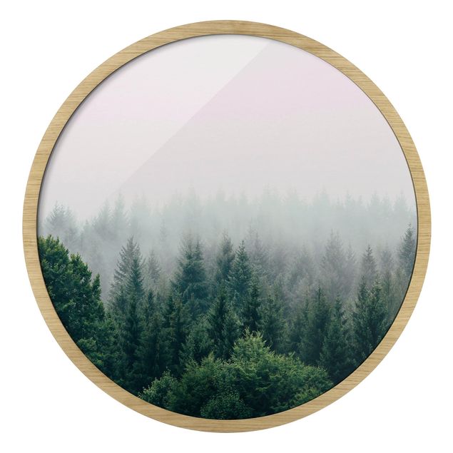 Rundes Gerahmtes Bild - Wald im Nebel Dämmerung