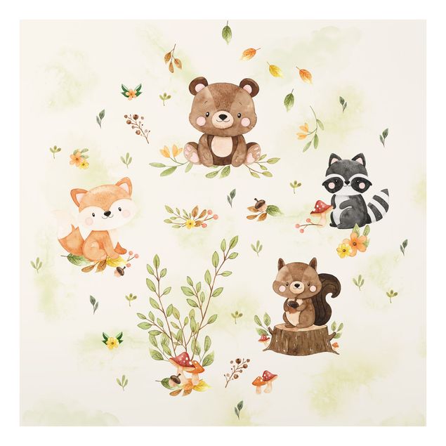 Glasbild - Waldtiere Herbst Fuchs Bär Eichhörnchen Waschbär - Quadrat 1:1
