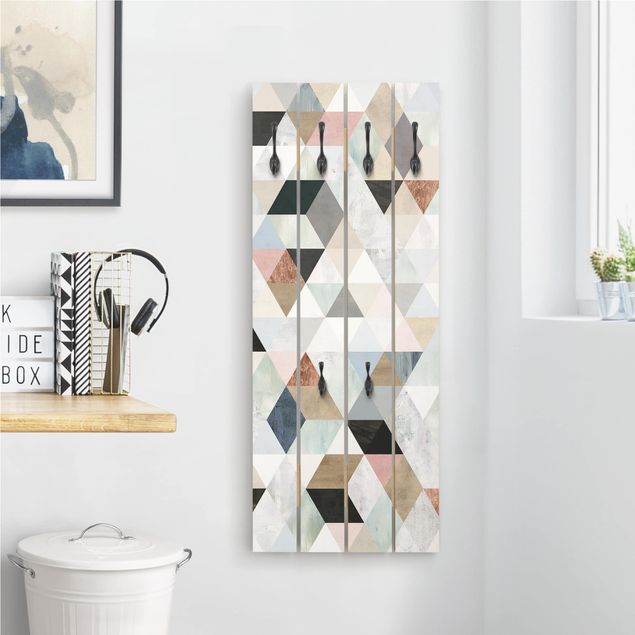 Wandgarderobe Holz - Aquarell-Mosaik mit Dreiecken I
