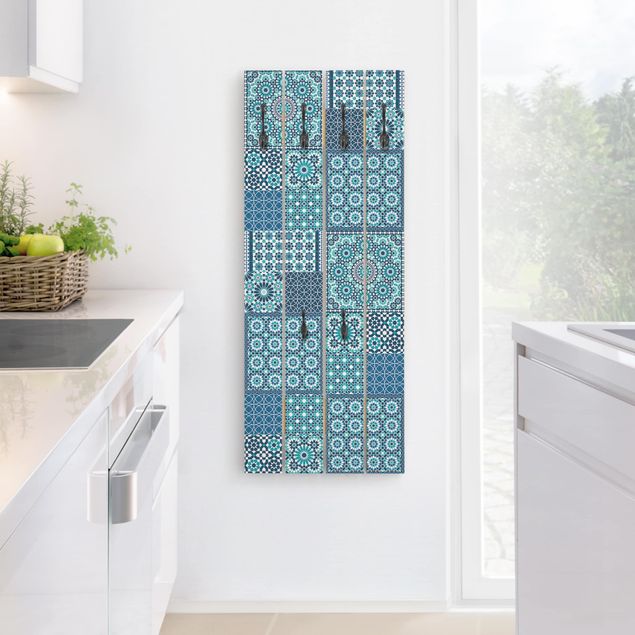 Wandgarderobe Holz - Marokkanische Mosaikfliesen türkis blau