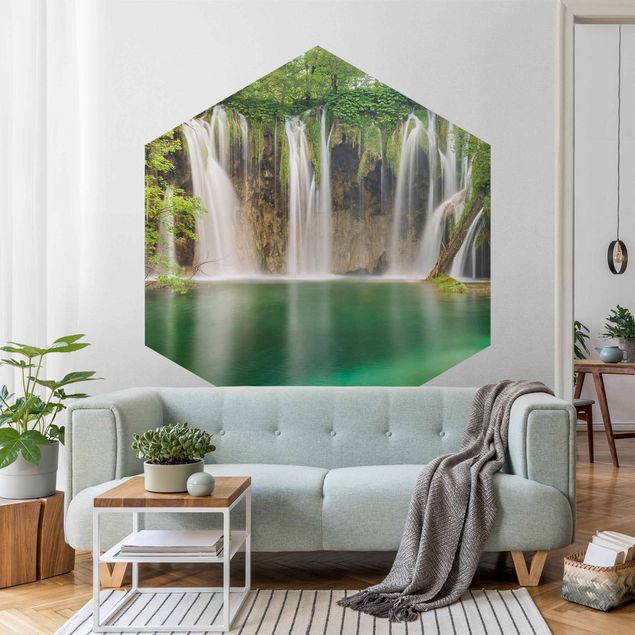 Hexagon Mustertapete selbstklebend - Wasserfall Plitvicer Seen