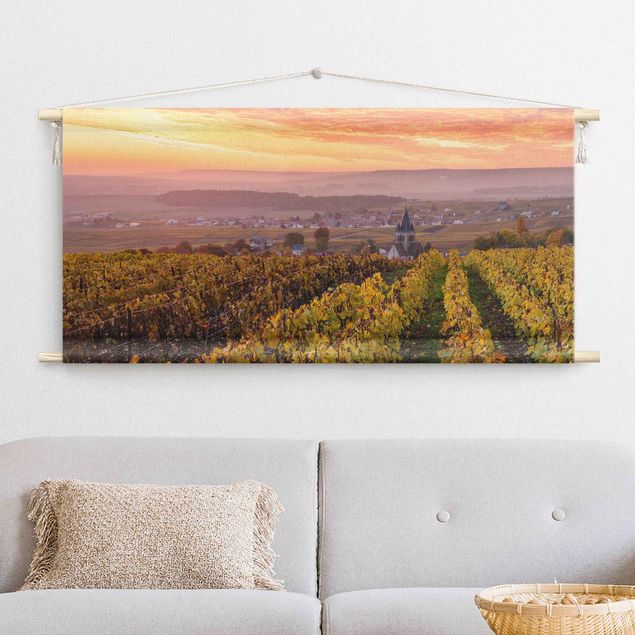 Wandbehang Stoff Weinplantage bei Sonnenuntergang