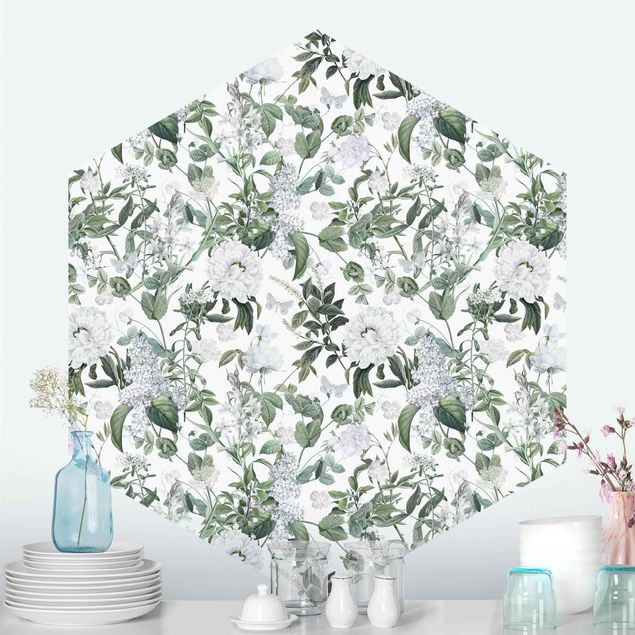 Hexagon Mustertapete selbstklebend - Weiße Blüten und Schmetterlinge