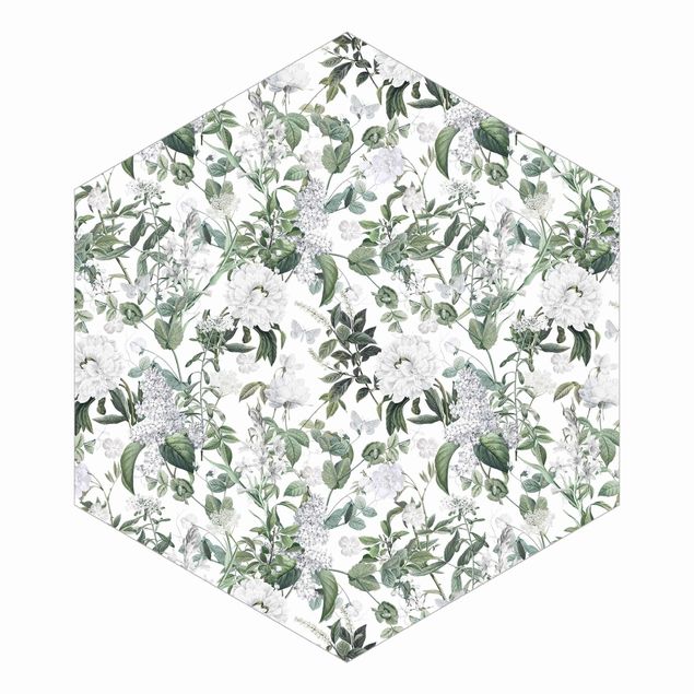 Hexagon Fototapete selbstklebend - Weiße Blüten und Schmetterlinge