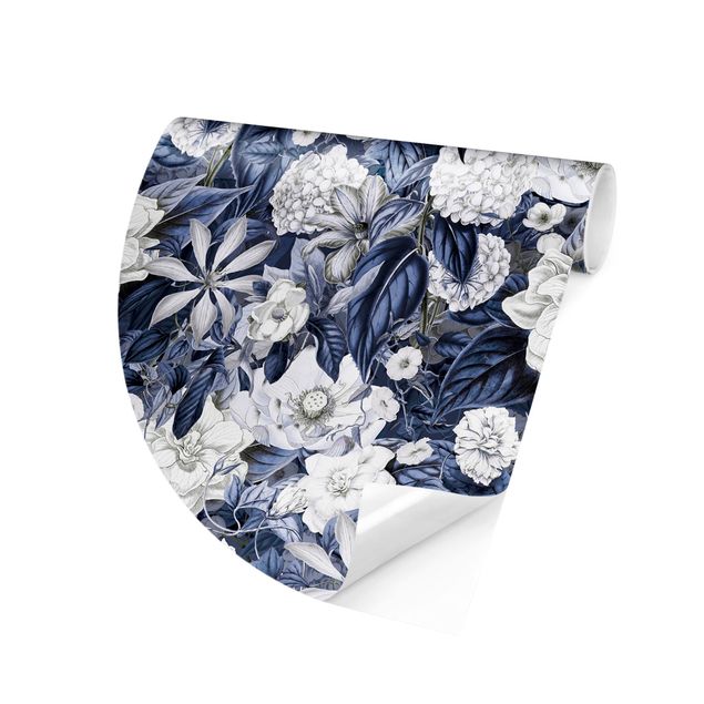 Runde Tapete selbstklebend - Weiße Blumen vor Blau