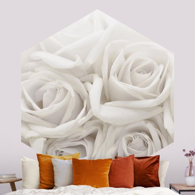 Hexagon Mustertapete selbstklebend - Weiße Rosen