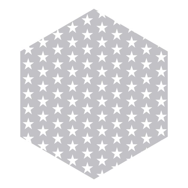 Hexagon Mustertapete selbstklebend - Weiße Sterne auf grauem Hintergrund