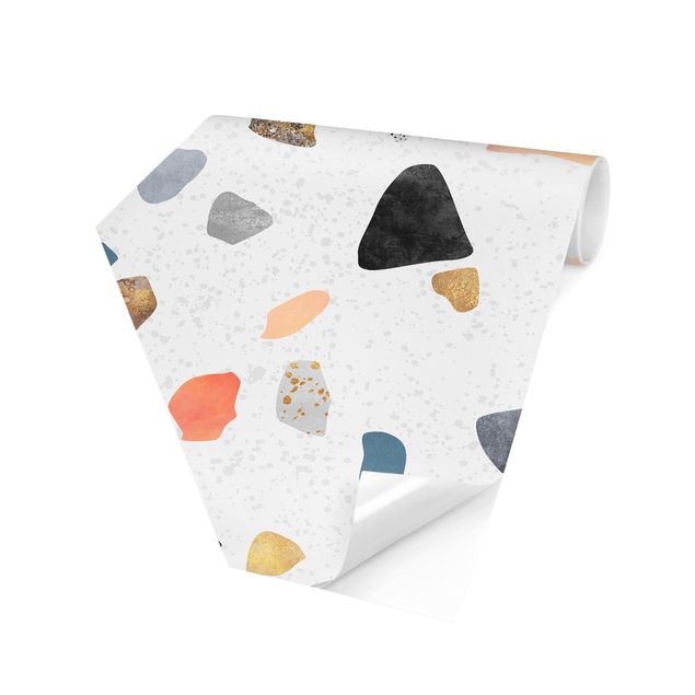 Hexagon Mustertapete selbstklebend - Weißer Terrazzo mit Goldsteinchen