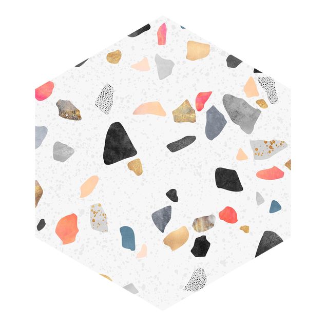 Hexagon Mustertapete selbstklebend - Weißer Terrazzo mit Goldsteinchen