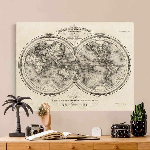 Leinwandbild Gold - Weltkarte - Französische Karte der Hemissphären von 1848 - Querformat 3:4