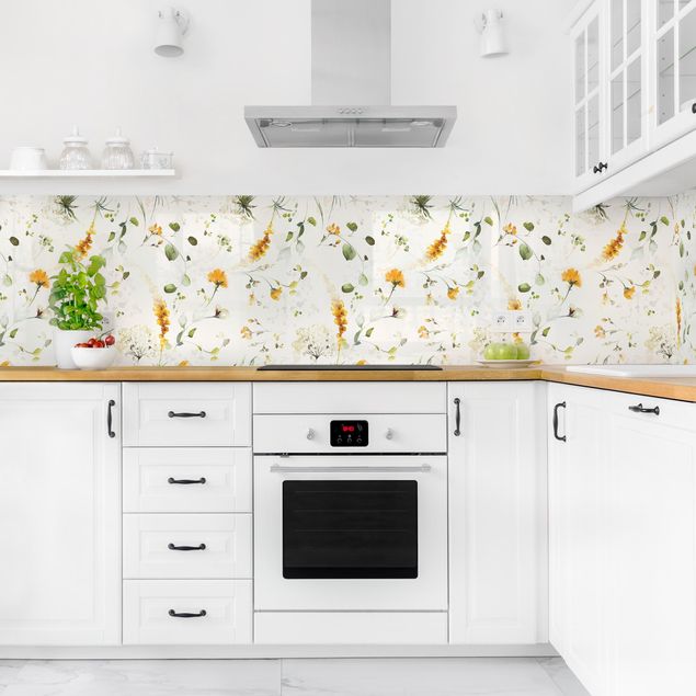 Küchenrückwand - Wildblumen Aquarell Muster auf Beige