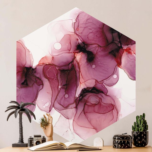 Hexagon Mustertapete selbstklebend - Wilde Blüten in Violett und Gold