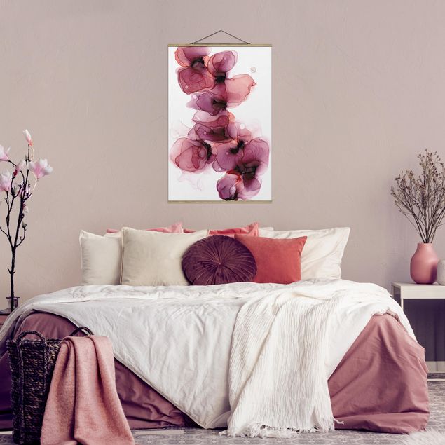 Stoffbild mit Posterleisten - Wilde Blüten in Violett und Gold - Hochformat 2:3
