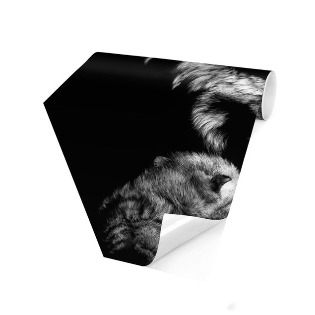 Hexagon Mustertapete selbstklebend - Wolf vor Schwarz