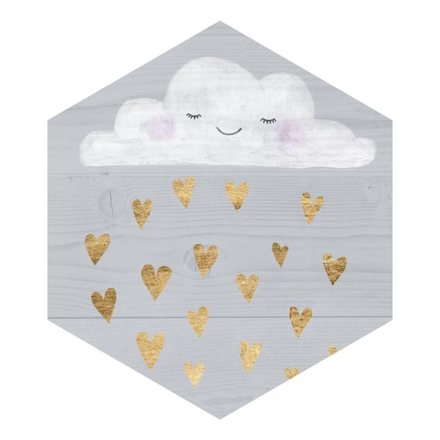 Hexagon Mustertapete selbstklebend - Wolke mit goldenen Herzen