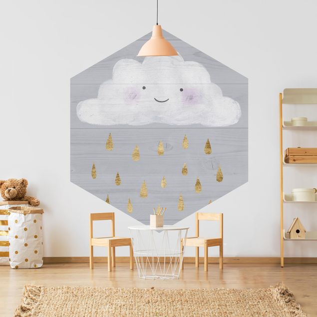 Hexagon Mustertapete selbstklebend - Wolke mit goldenen Regentropfen