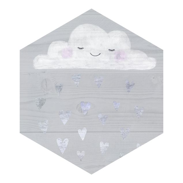 Hexagon Mustertapete selbstklebend - Wolke mit silbernen Herzen