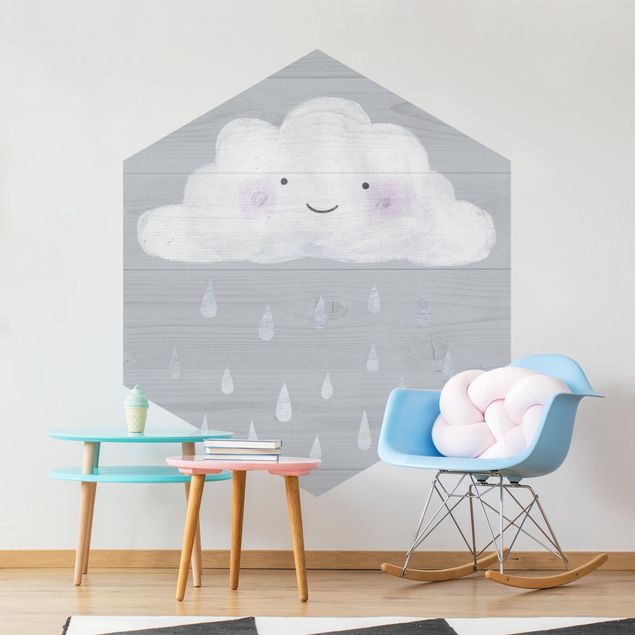Hexagon Mustertapete selbstklebend - Wolke mit silbernen Regentropfen