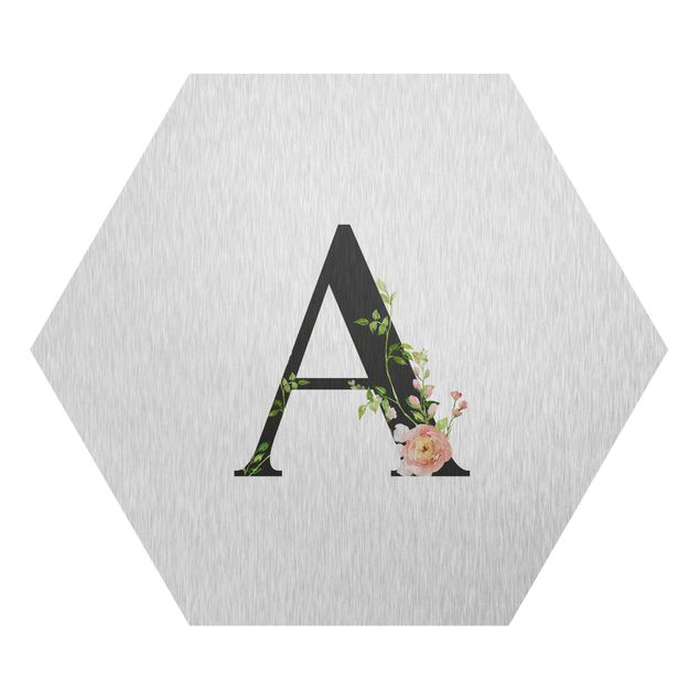Hexagon-Alu-Dibond Bild - Wunschbuchstabe Aquarell Blumen