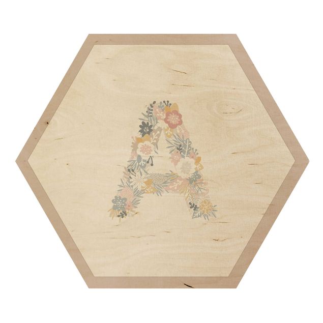 Hexagon-Holzbild - Wunschbuchstabe Blumen Pastell