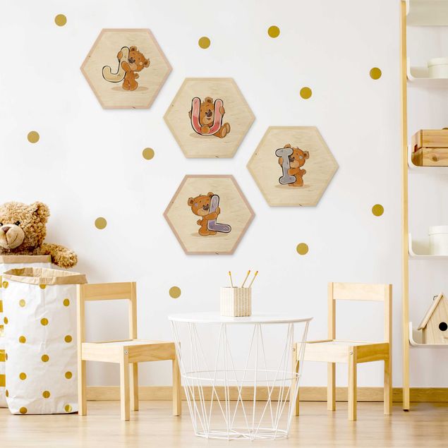 Hexagon-Holzbild - Wunschbuchstabe Teddy Mädchen