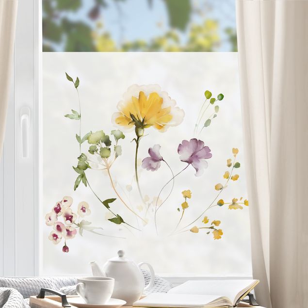 Fensterfolie - Sichtschutz - Zarte Aquarellblüten Violett-gelb - Fensterbilder